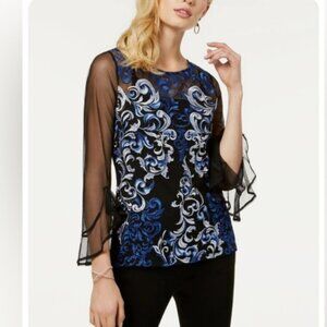 Simons INC blue black barocco print mesh top shirt large T11